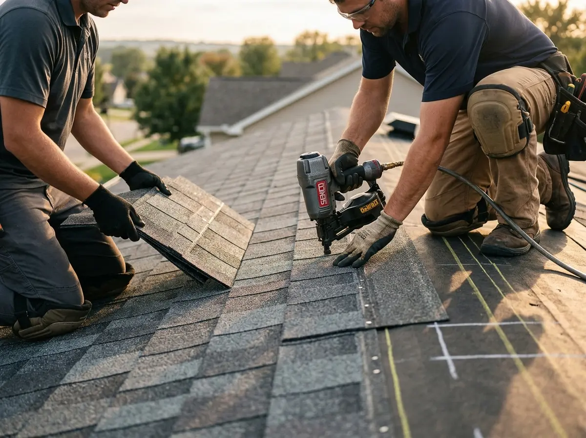 Professional roofer working on a residential roof in Aldine